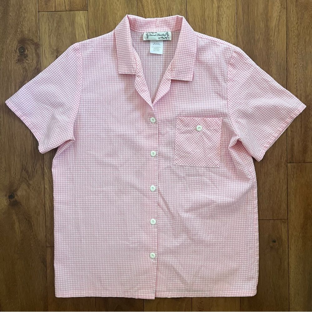 Vintage Sarah Bentley Pink Gingham Short Sleeve Button Down Shirt - Size M